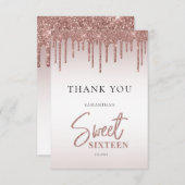 Roos Gold Glitter Drips Script Sweet 16 Bedankkaart (Voorkant / Achterkant)