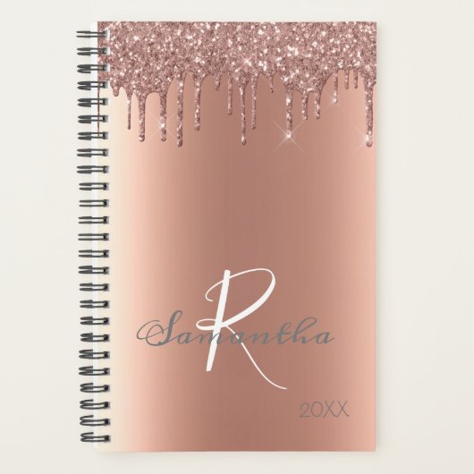 Roos Gold Glitter Drips Trendy Jaarlijks Monogram Planner (Voorkant)