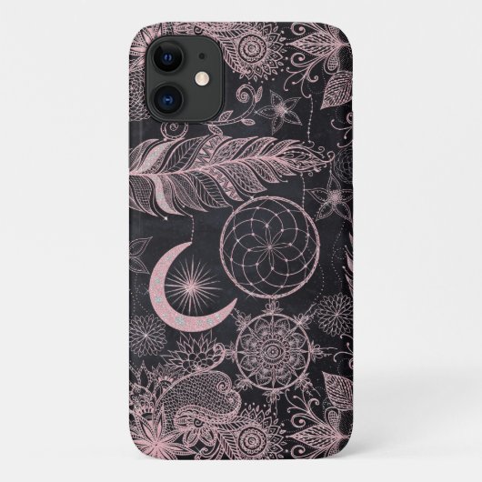 Roos Gold Glitter Drocatcher Feathers Mandala Case-Mate iPhone Case (Achterkant)