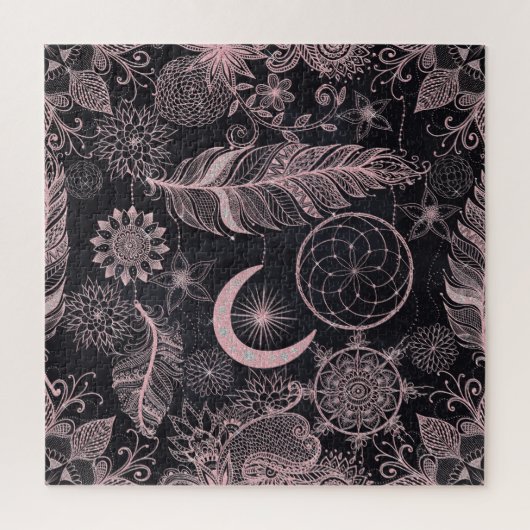 Roos Gold Glitter Drocatcher Feathers Mandala Legpuzzel (Verticaal)