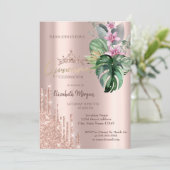 Roos Gold Glitter Drop Tropical Flowers Kaart (Staand voorkant)