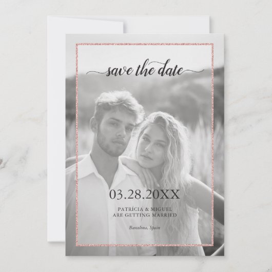 Roos Gold Glitter Effect Chic Script Photo Weddens Save The Date (Voorkant)