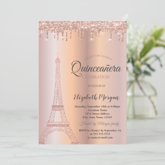 Roos Gold Glitter Eiffel Tower, Drivers Quinceañer Kaart (Staand voorkant)