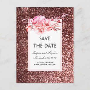 Roos Gold Glitter en Blush Flowers Save the Date Aankondigingskaart