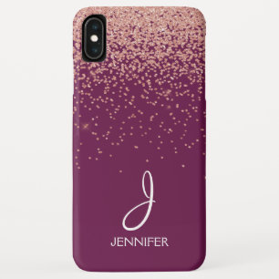 Roos Gold Glitter en Bourgogne Monogrammed iPhone XS Max Hoesje