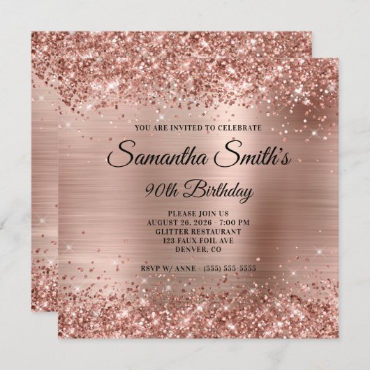 Roos Gold Glitter en Folie Monogram 90e verjaardag Kaart (Voorkant / Achterkant)