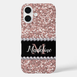 Roos Gold Glitter en Pareltjes met naam en monogra iPhone 16 Hoesje