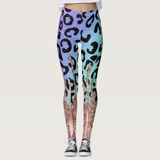 Roos Gold Glitter en regenboogluipaard Druk Yoga a Leggings (Voorkant)