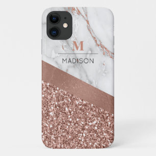 Roos Gold Glitter en Sparkle Marble Monogram iPhone 11 Hoesje