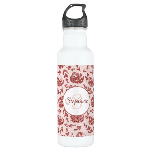 Roos Gold Glitter Floral Monogram Gepersonaliseerd Waterfles (Voorkant)