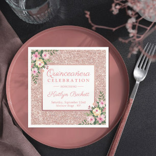 Roos Gold Glitter Floral Quinceañera 15e verjaarda Servet