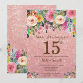 Roos Gold Glitter Floral Surprise 15th Birthday Kaart (Voorkant / Achterkant)