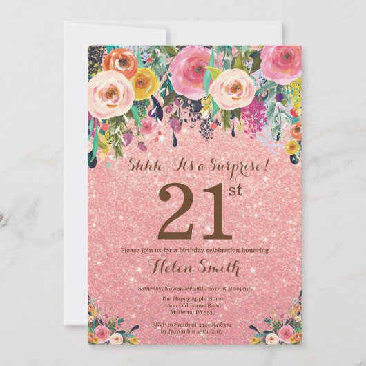 Roos Gold Glitter Floral Surprise 21st Birthday Kaart (Voorkant)