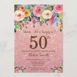 Roos Gold Glitter Floral Surprise 50th Birthday Kaart