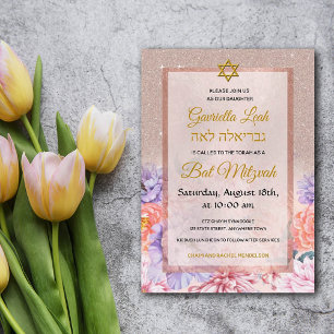 Roos Gold Glitter Flowers Star Jewish Bat Mitzvah Kaart