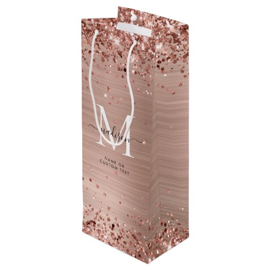 Roos Gold Glitter geborsteld Metaal Monogram Manus Wijn Cadeautas (Achterkant Gekanteld)