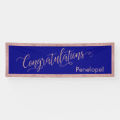 Roos Gold Glitter Gefeliciteerd Typografie Navy Spandoek (Horizontaal)