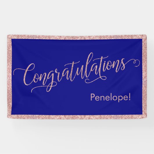 Roos Gold Glitter Gefeliciteerd Typografie Navy Spandoek (Horizontaal)
