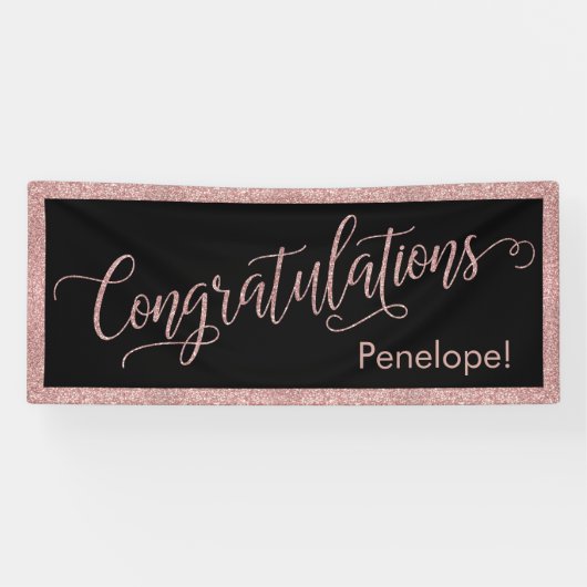 Roos Gold Glitter Gefeliciteerd Typografie Zwart Spandoek (Horizontaal)
