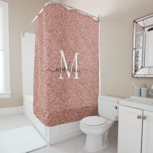 Roos Gold Glitter Glam Sparkle Monogram Script Douchegordijn (In situ)