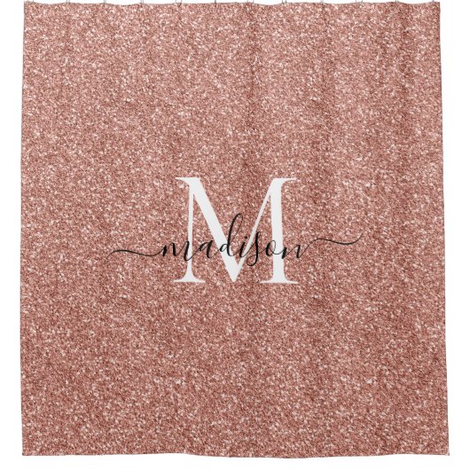Roos Gold Glitter Glam Sparkle Monogram Script Douchegordijn (Voorkant)