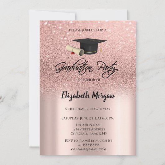 Roos Gold Glitter Graduation Cap Afstuderen invull Kaart (Voorkant)