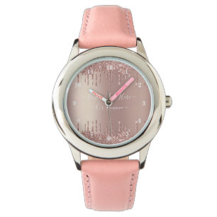 Roos Gold Glitter Horloge met aangepaste tekst