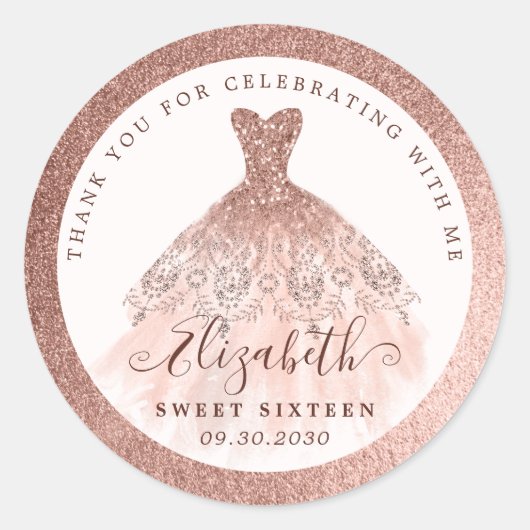 Roos Gold Glitter Jurk 16e Verjaardag Bedankt Ronde Sticker (Voorkant)