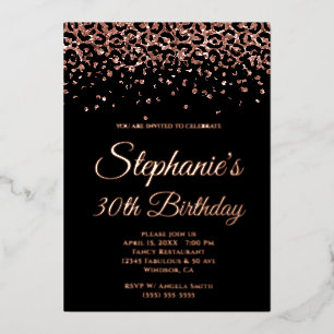 Roos Gold Glitter Leopard Glam Black 30th Birthday Folie Uitnodiging