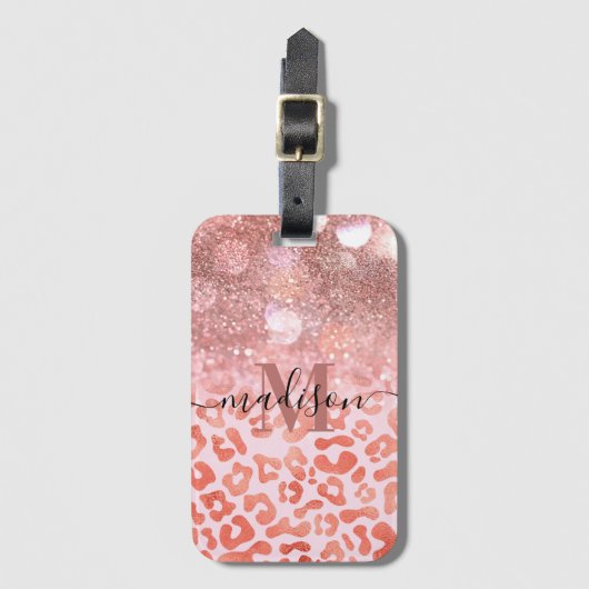 Roos Gold Glitter Leopard Print Bagagelabel (Voorkant (verticaal))