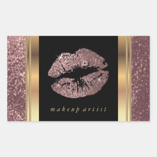 Roos Gold Glitter Lips en Elegant Gold Font Rechthoekige Sticker
