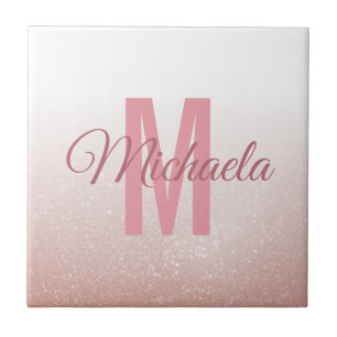 Roos Gold Glitter Modern Monogram Initiaal Naam Tegeltje