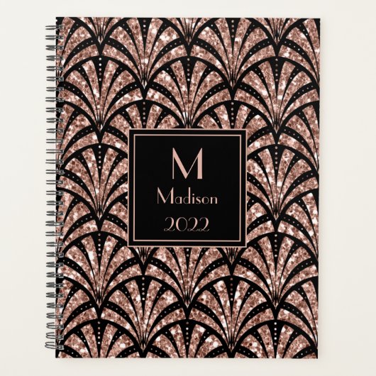 Roos Gold Glitter Monogram Art Deco Patroon Planner (Voorkant)