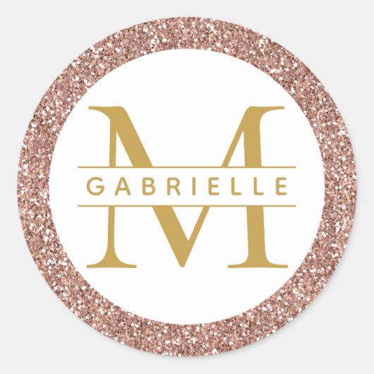 Roos Gold Glitter Monogram Favor Sticker Label (Voorkant)