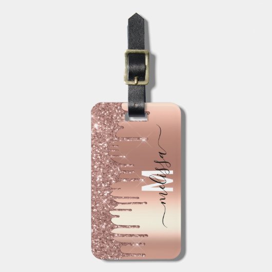 Roos Gold Glitter Monogram Handgeschreven script Bagagelabel (Voorkant verticaal)