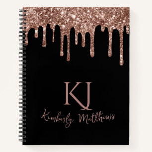 Roos Gold Glitter Monogram Initialen op zwart Notitieboek