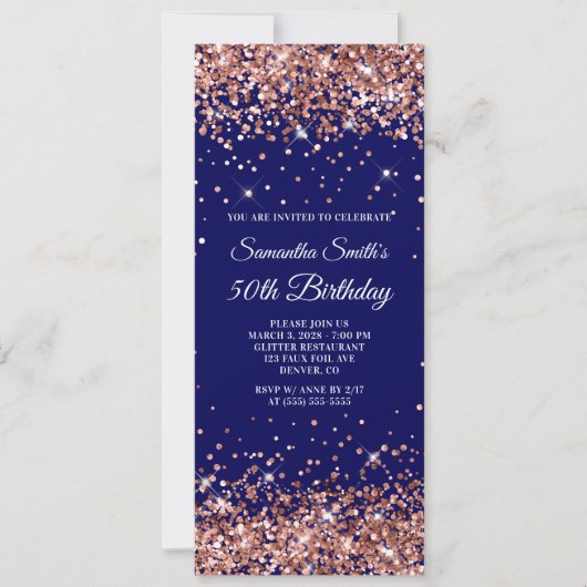 Roos Gold Glitter Navy 50th Birthday Kaart (Voorkant)