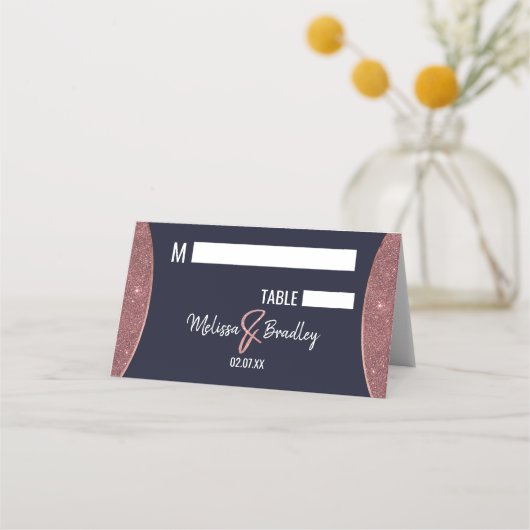 Roos Gold Glitter Navy Blue Circular Place Cards (Voorkant)