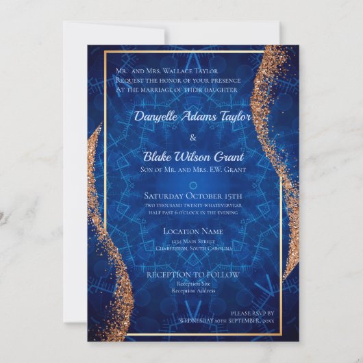 Roos Gold Glitter Navy Blue Pattern Weddenschap Kaart (Voorkant)