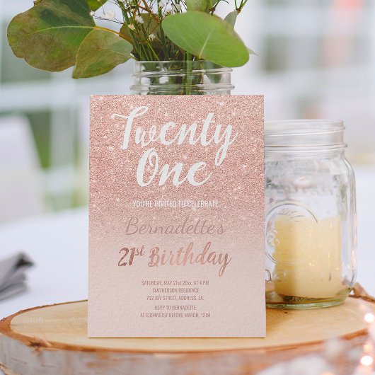 Roos gold glitter ombre script chic 21st Birthday Kaart