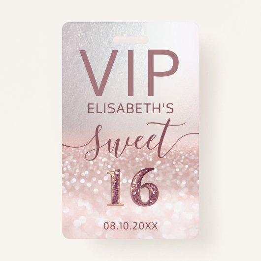 Roos gold glitter ombre script Sweet 16 VIP Badge (Voorkant)