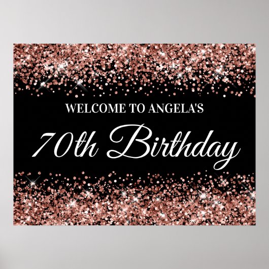 Roos Gold Glitter op Black 70th Birthday Welkom Poster (Voorkant)
