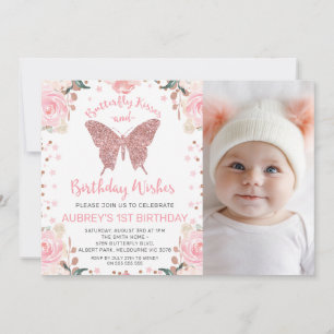 Roos Gold Glitter Photo Butterfly Kisses Birthday Kaart