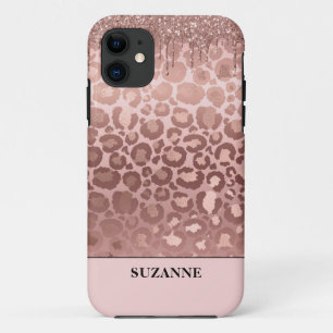 Roos Gold Glitter Pink Leopard Pattern Monogram Ca iPhone 11 Hoesje