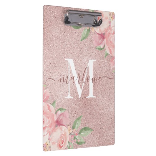 Roos Gold Glitter Pink Waterverf Floral Monogram Klembord (Rechts)