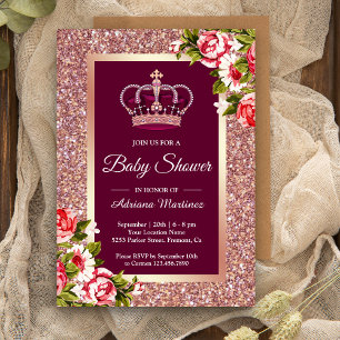 Roos Gold Glitter Princess Pink Floral Baby shower Kaart