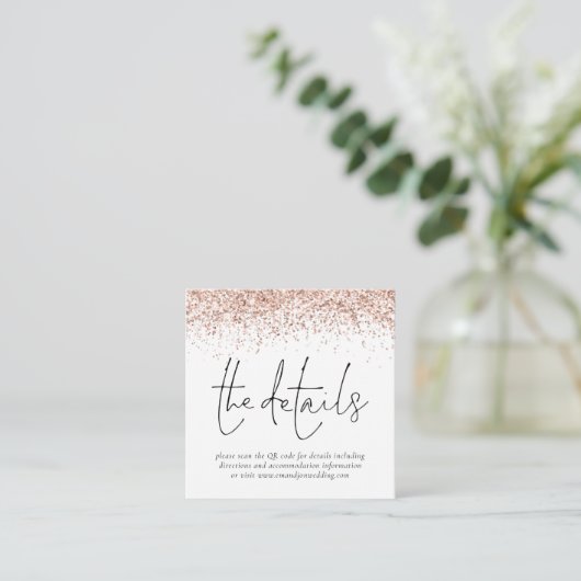Roos Gold Glitter QR Code Weddenschap Details Informatiekaartje (Staand voorkant)