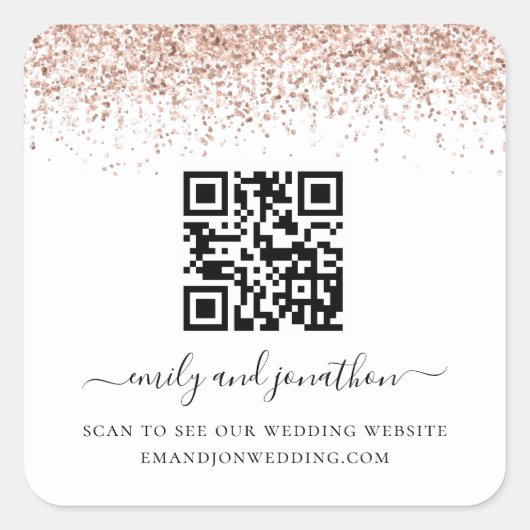 Roos Gold Glitter QR Code Weddenschap Website Vierkante Sticker (Voorkant)