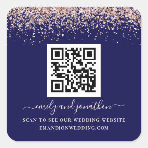 Roos Gold Glitter QR Code Wedding Website marine Vierkante Sticker