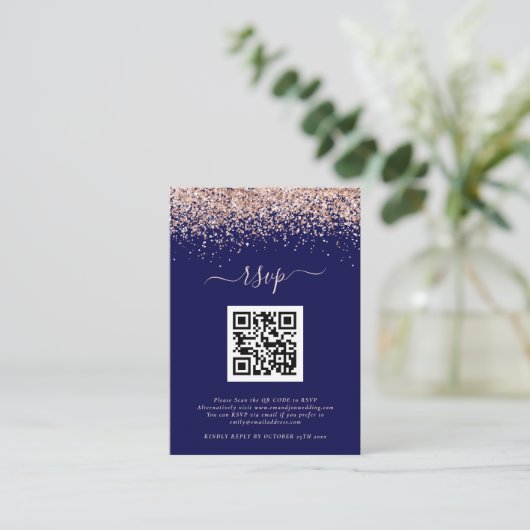 Roos Gold Glitter QR-code Weduwsmarine Blush RSVP Informatiekaartje (Staand voorkant)